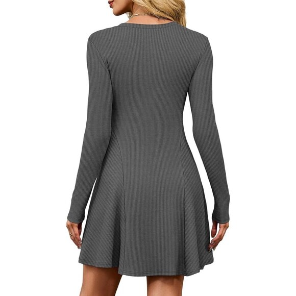 Women Dark Grey Crew Neck Ribbed Knit Flare A-Line Long Sleeve Sweater Dress - Picture 5 of 5